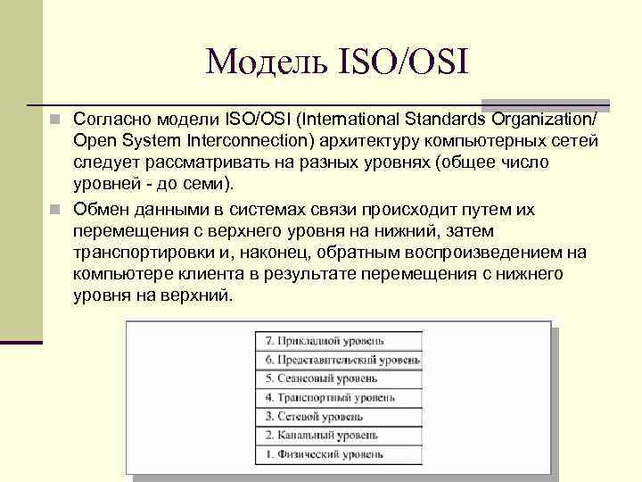 Модель ISO/ОSI n Согласно модели ISO/ОSI (International Standards Organization/ Open System Interconnection) архитектуру компьютерных