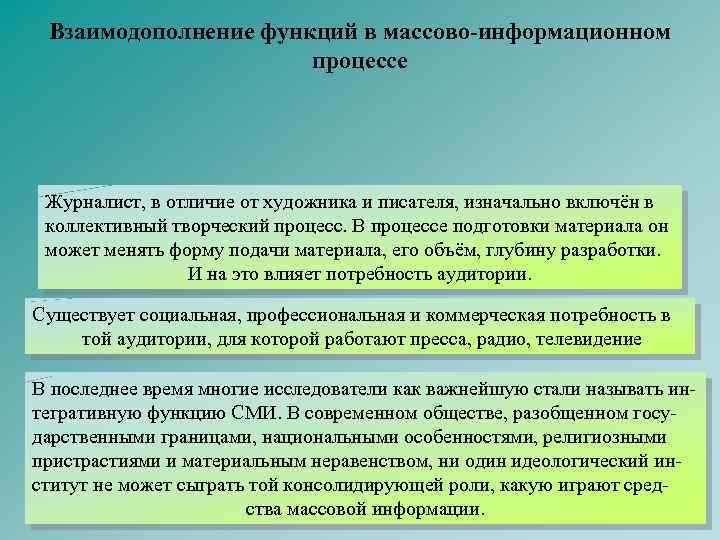 Взаимодополнение функций в массово-информационном процессе Журналист, в отличие от художника и писателя, изначально включён