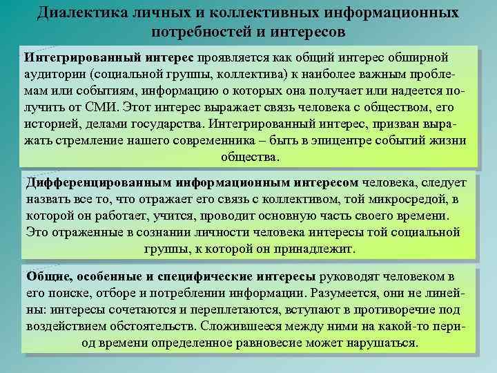 Диалектика личных и коллективных информационных потребностей и интересов Интегрированный интерес проявляется как общий интерес