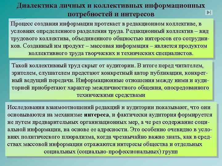 Диалектика личных и коллективных информационных потребностей и интересов Процесс создания информации протекает в редакционном