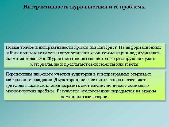 Интерактивность журналистики и её проблемы Новый толчок к интерактивности прессы дал Интернет. На информационных