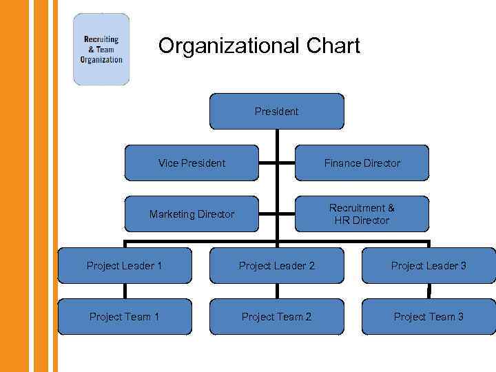 Organizational Chart President Vice President Finance Director Marketing Director Recruitment & HR Director Project