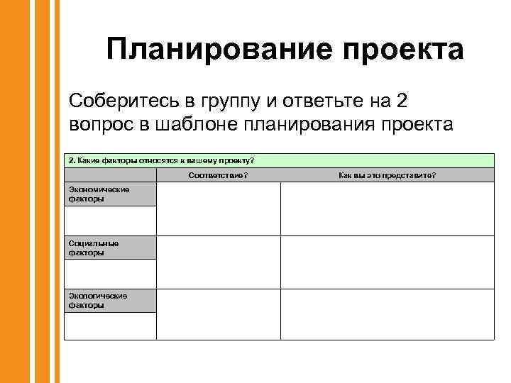 Планирование проекта Соберитесь в группу и ответьте на 2 вопрос в шаблоне планирования проекта