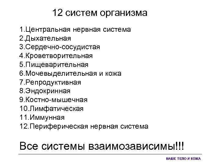  12 систем организма 1. Центральная нервная система 2. Дыхательная 3. Сердечно-сосудистая 4. Кроветворительная