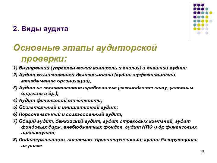 2. Виды аудита Основные этапы аудиторской проверки: 1) Внутренний (управленческий контроль и анализ) и