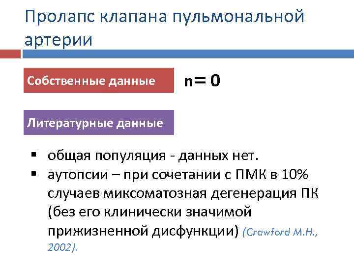 Пролапс клапана пульмональной артерии Собственные данные n= 0 Литературные данные § общая популяция данных