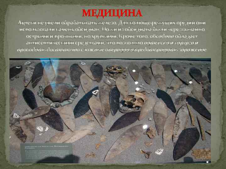 МЕДИЦИНА Ацтеки не умели обрабатывать железо. Для колюще-режущих орудий они использовали камень обсидиан. Ножи