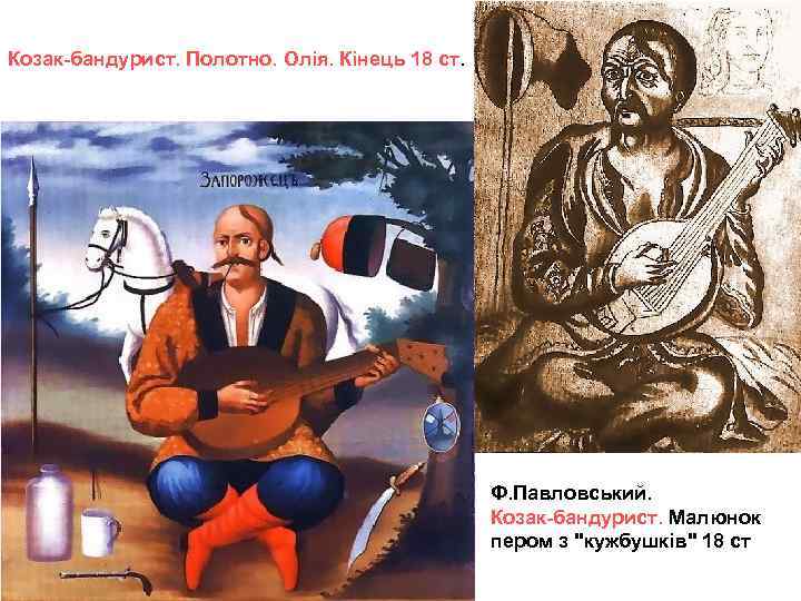 Козак-бандурист. Полотно. Олія. Кінець 18 ст. Ф. Павловський. Козак-бандурист. Малюнок пером з "кужбушків" 18