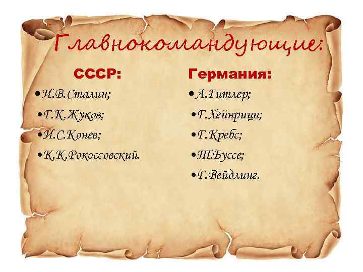 Главнокомандующие: СССР: • И. В. Сталин; • Г. К. Жуков; • И. С. Конев;