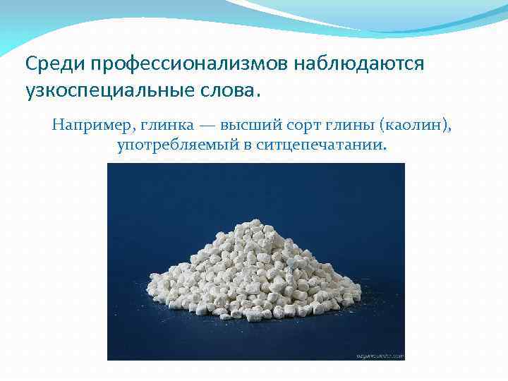 Среди профессионализмов наблюдаются узкоспециальные слова. Например, глинка — высший сорт глины (каолин), употребляемый в