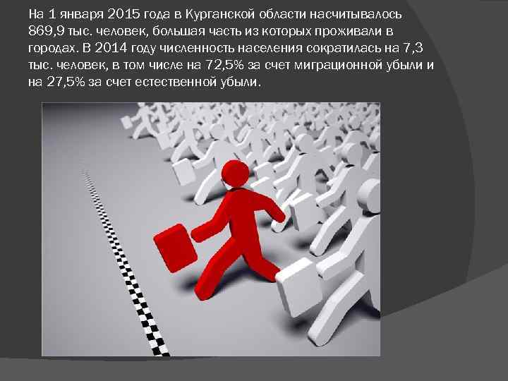 На 1 января 2015 года в Курганской области насчитывалось 869, 9 тыс. человек, большая