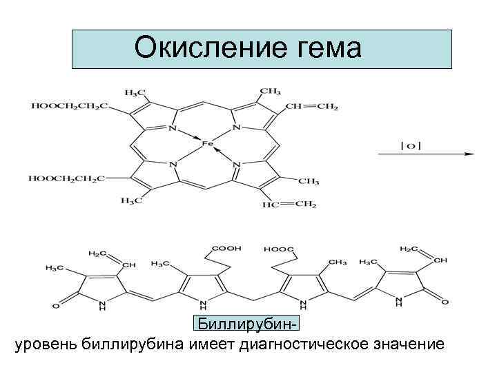 Окисление гема Биллирубинуровень биллирубина имеет диагностическое значение 