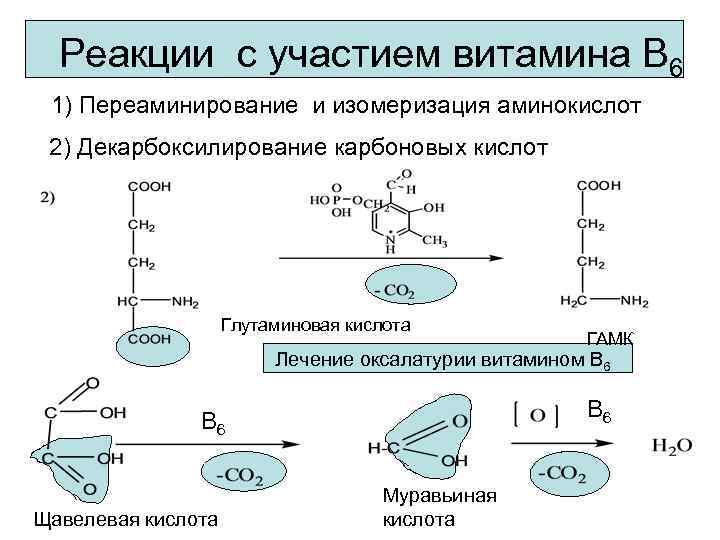 Реакции с участием витамина В 6 1) Переаминирование и изомеризация аминокислот 2) Декарбоксилирование карбоновых