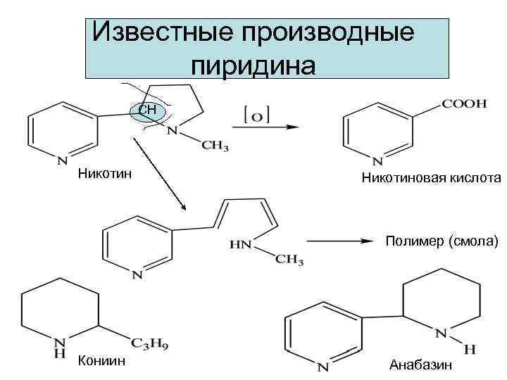 Известные производные пиридина СН Никотиновая кислота Полимер (смола) Кониин Анабазин 