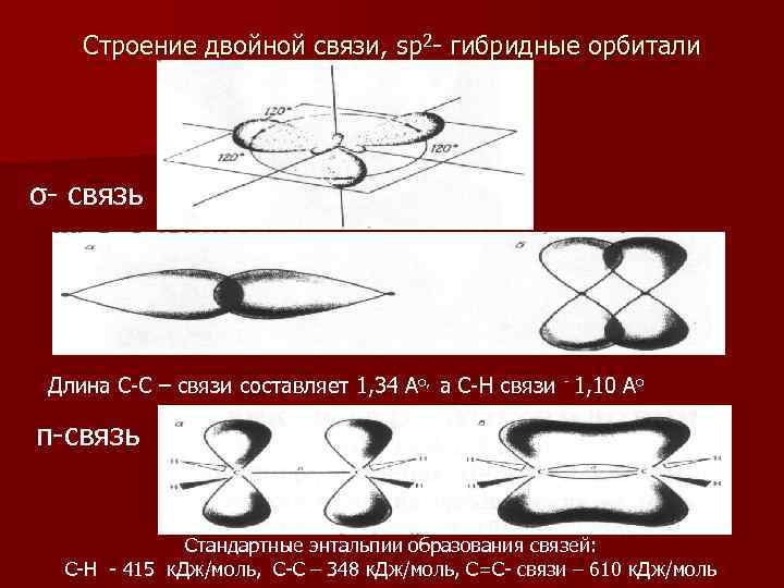 Строение двойной связи, sp 2 - гибридные орбитали σ- связь Длина С-С – связи