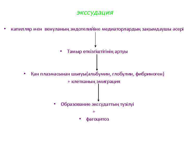 экссудация • капилляр мен венуланың эндотелийіне медиаторлардың зақымдаушы әсері • Тамыр өткізгіштігінің артуы •