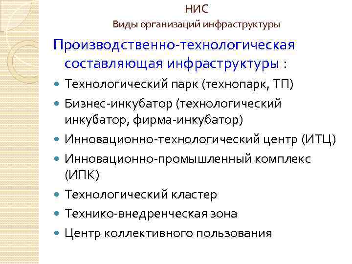 НИС Виды организаций инфраструктуры Производственно-технологическая составляющая инфраструктуры : Технологический парк (технопарк, ТП) Бизнес-инкубатор (технологический