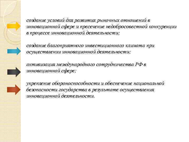 создание условий для развития рыночных отношений в инновационной сфере и пресечение недобросовестной конкуренции в