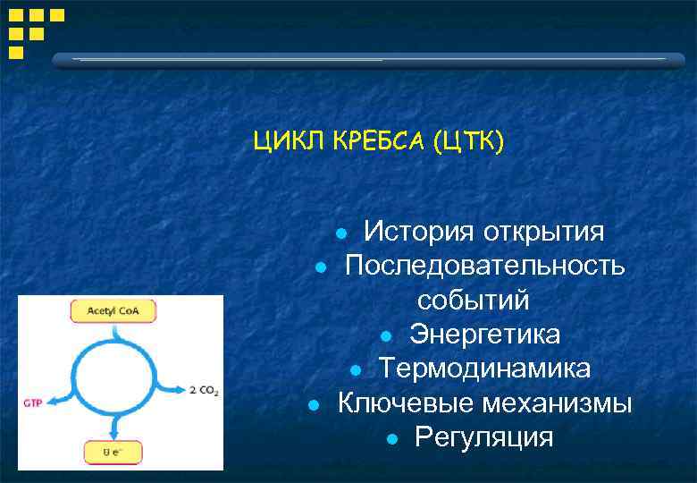 ЦИКЛ КРЕБСА (ЦТК) l История открытия l Последовательность событий l Энергетика l Термодинамика l