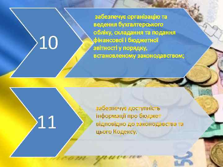 10 11 забезпечує організацію та ведення бухгалтерського обліку, складання та подання фінансової і бюджетної