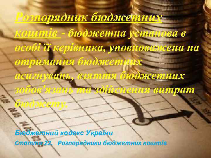 Розпорядник бюджетних коштів - бюджетна установа в особі її керівника, уповноважена на отримання бюджетних