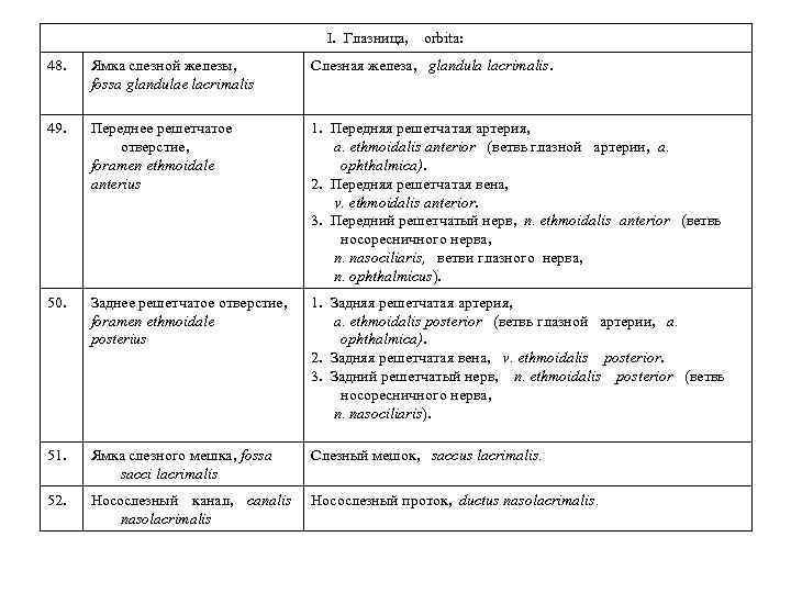 I. Глазница, orbita: 48. Ямка слезной железы, fossa glandulae lacrimalis Слезная железа, glandula lacrimalis.