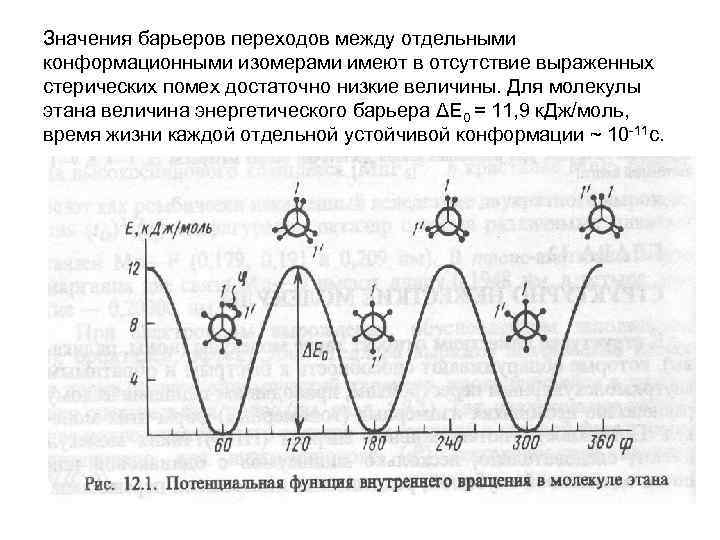 Значения барьеров переходов между отдельными конформационными изомерами имеют в отсутствие выраженных стерических помех достаточно