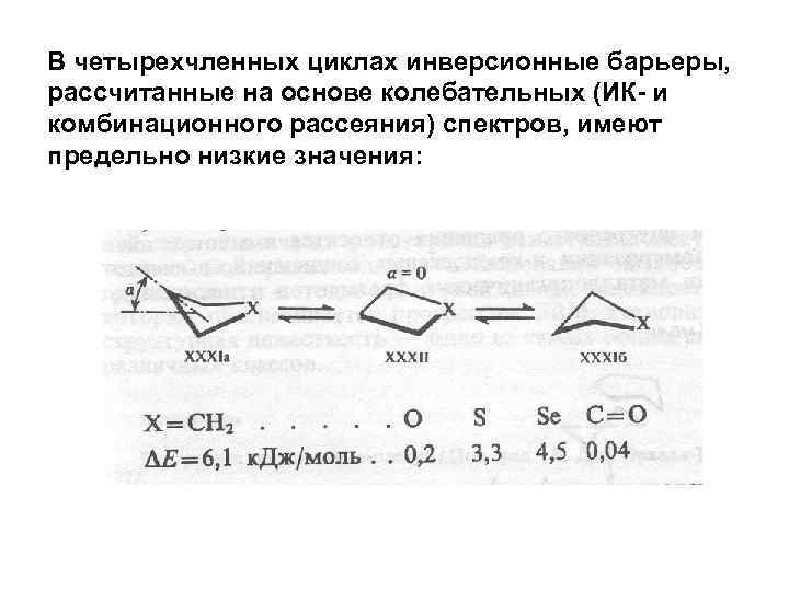 В четырехчленных циклах инверсионные барьеры, рассчитанные на основе колебательных (ИК- и комбинационного рассеяния) спектров,