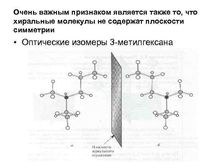 Очень важным признаком является также то, что хиральные молекулы не содержат плоскости симметрии •