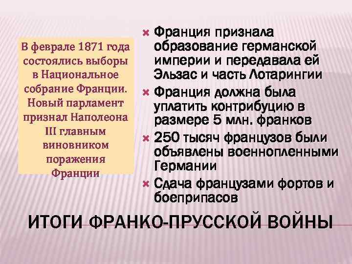 Франция признала образование германской империи и передавала ей Эльзас и часть Лотарингии Франция должна