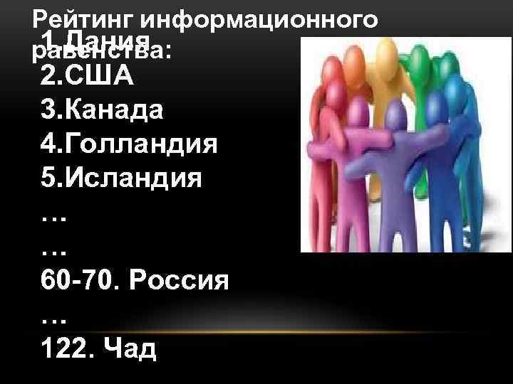 Рейтинг информационного 1. Дания равенства: 2. США 3. Канада 4. Голландия 5. Исландия …