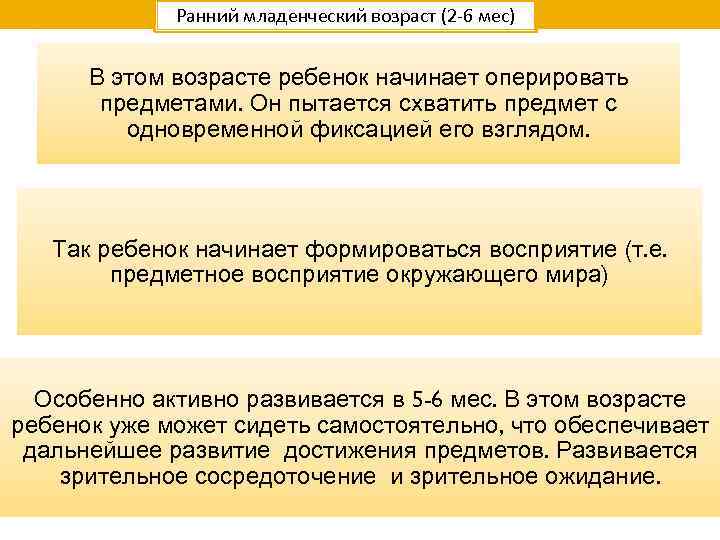 Ранний младенческий возраст (2 -6 мес) В этом возрасте ребенок начинает оперировать предметами. Он