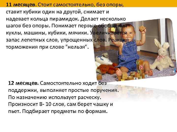  • 11 месяцев. Стоит самостоятельно, без опоры, ставит кубики один на другой, снимает