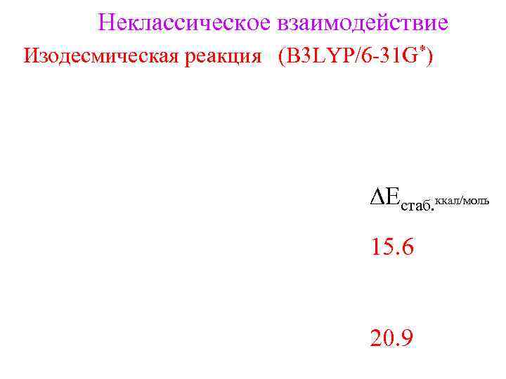 Неклассическое взаимодействие Изодесмическая реакция (B 3 LYP/6 -31 G*) DEстаб. ккал/моль 15. 6 20.