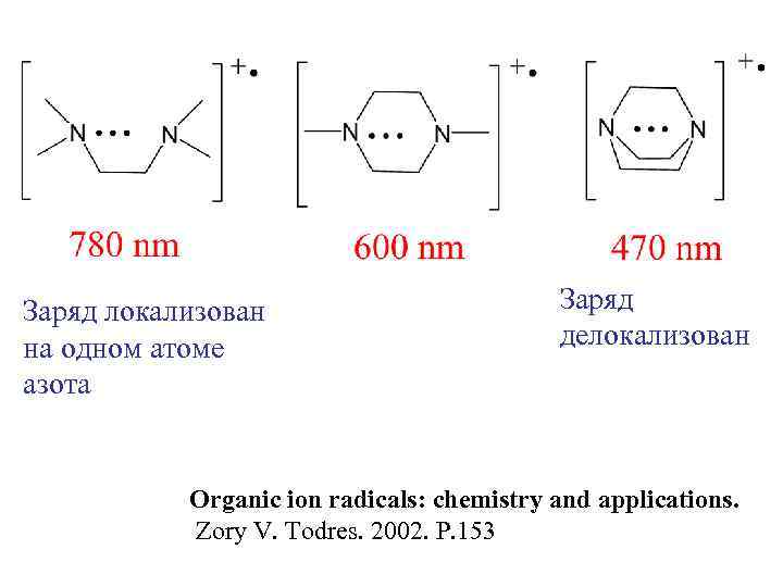 Заряд локализован на одном атоме азота Заряд делокализован Organic ion radicals: chemistry and applications.