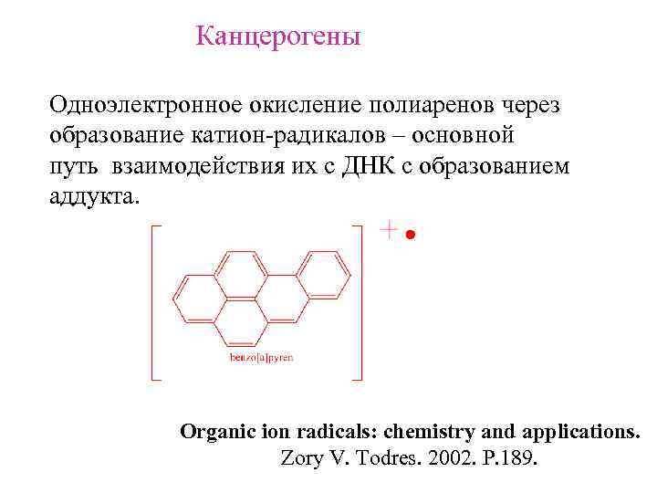 Канцерогены Одноэлектронное окисление полиаренов через образование катион-радикалов – основной путь взаимодействия их с ДНК