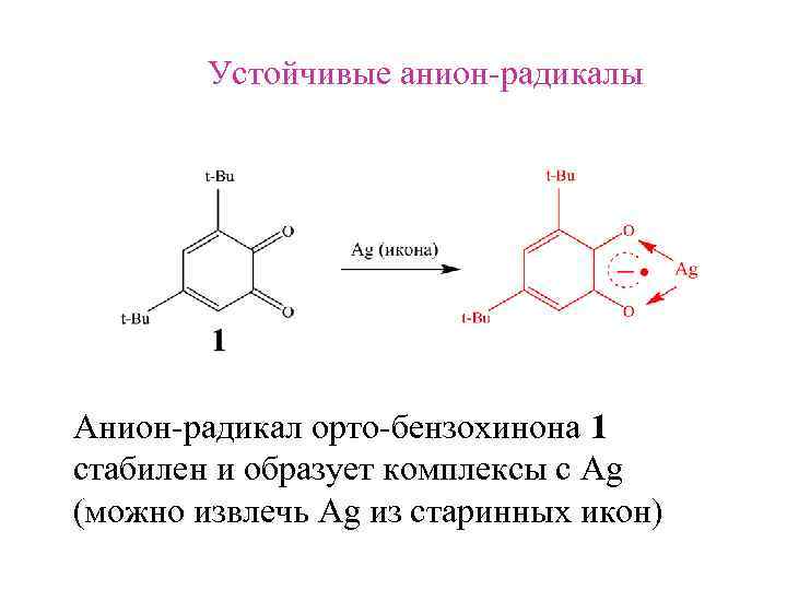 Устойчивые анион-радикалы Анион-радикал орто-бензохинона 1 стабилен и образует комплексы с Ag (можно извлечь Ag