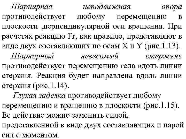 Шарнирная неподвижная опора противодействует любому перемещению в плоскости , перпендикулярной оси вращения. При расчетах