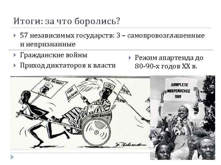 Итоги: за что боролись? 57 независимых государств: 3 – самопровозглашенные и непризнанные Гражданские войны