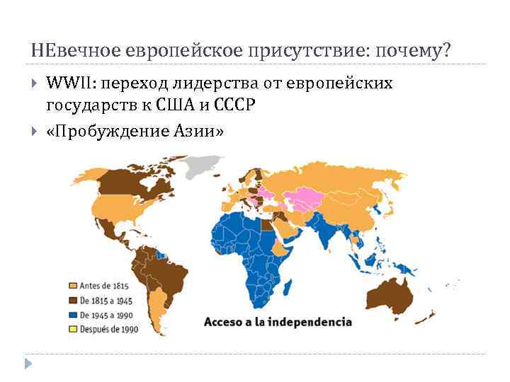 НЕвечное европейское присутствие: почему? WWII: переход лидерства от европейских государств к США и СССР