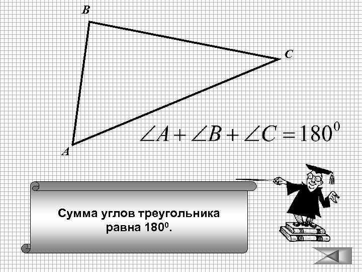 В С А Сумма углов треугольника равна 1800. 