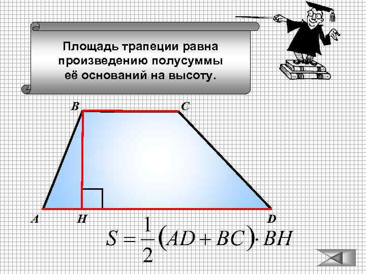 Площадь трапеции равна произведению полусуммы её оснований на высоту. В А Н С D