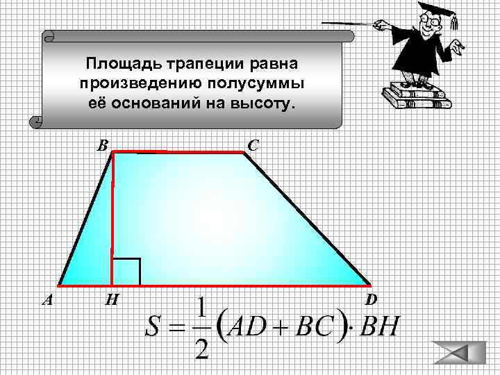 Площадь трапеции равна произведению полусуммы её оснований на высоту. В А Н С D