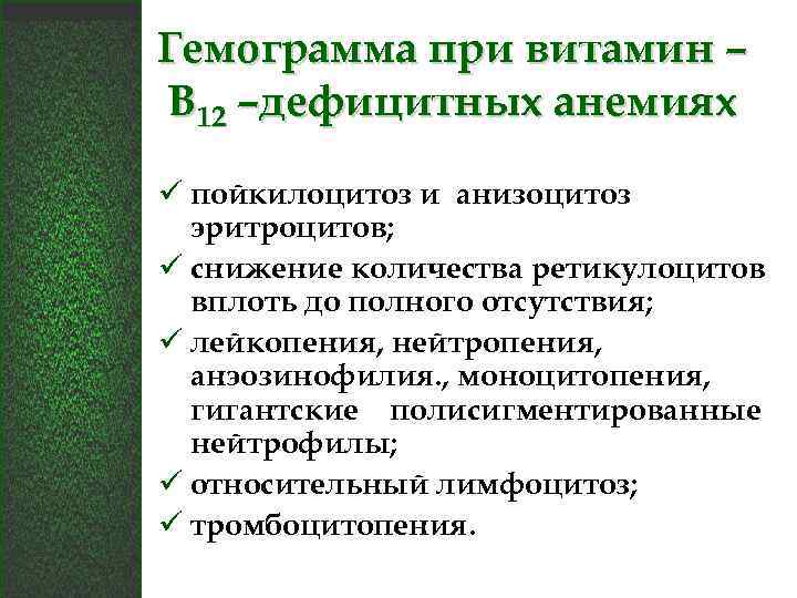 Гемограмма при витамин – В 12 –дефицитных анемиях ü пойкилоцитоз и анизоцитоз эритроцитов; ü