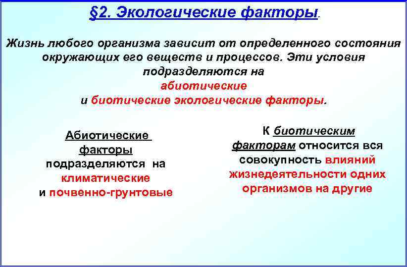 § 2. Экологические факторы. Жизнь любого организма зависит от определенного состояния окружающих его веществ