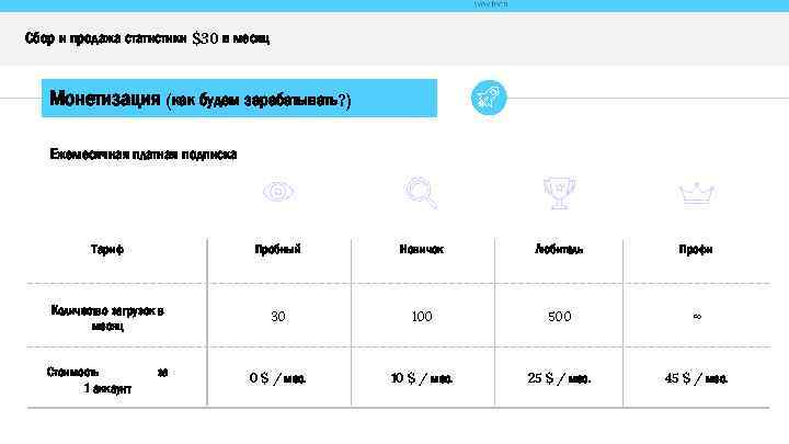 Сбор и продажа статистики $30 в месяц Монетизация (как будем зарабатывать? ) Ежемесячная платная