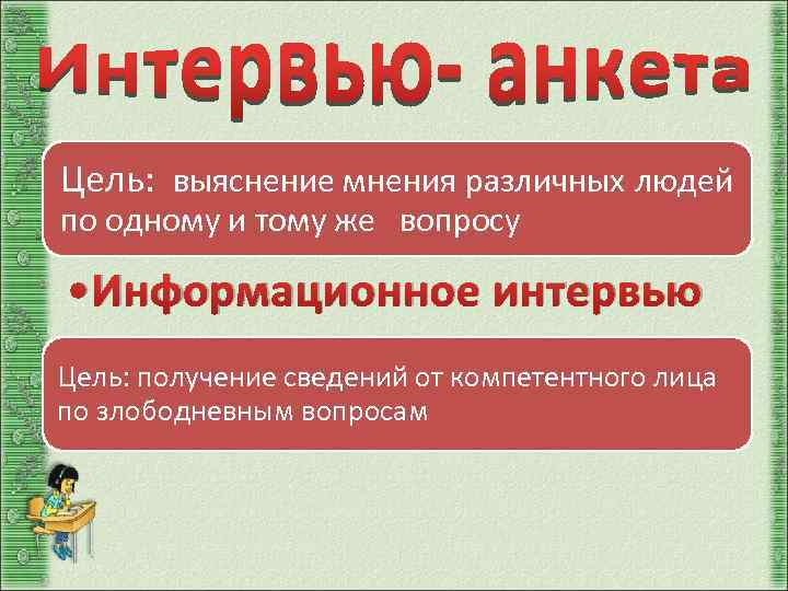 Цель: выяснение мнения различных людей по одному и тому же вопросу • Информационное интервью