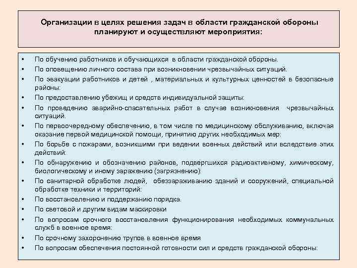  Организации в целях решения задач в области гражданской обороны планируют и осуществляют мероприятия: