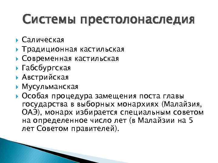 Системы престолонаследия Салическая Традиционная кастильская Современная кастильская Габсбургская Австрийская Мусульманская Особая процедура замещения поста