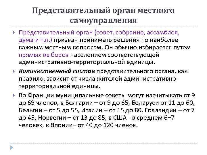 Представительный орган местного самоуправления Представительный орган (совет, собрание, ассамблея, дума и т. п. )